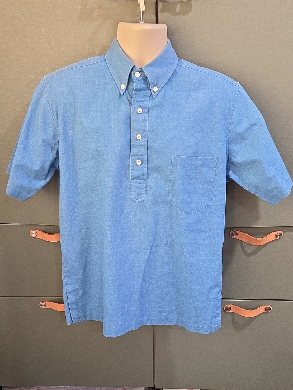 684. Vintage 80s Reyn Spooner Gold Tag Chambray Blue Popover Aloha Shirt Medium